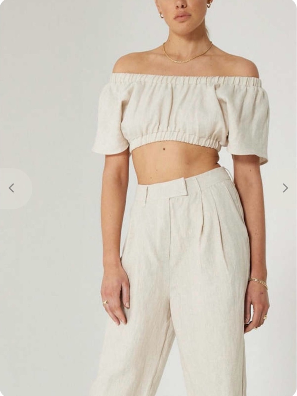SOVERE 100% Linen Evolve Crop Top Natural Beige Size L Off The Shoulder